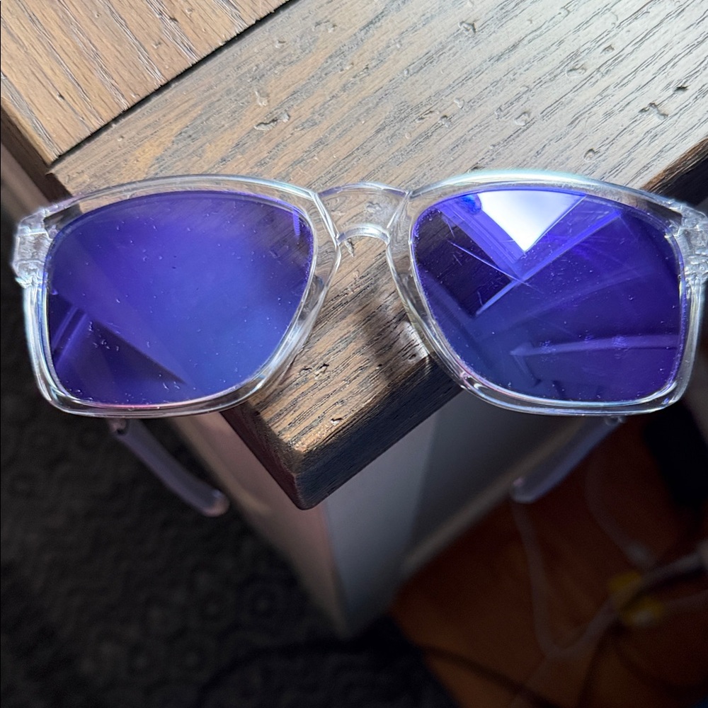 Oakley Transparent Frame Sunglasses with Purple Lenses - Picture 2 of 10